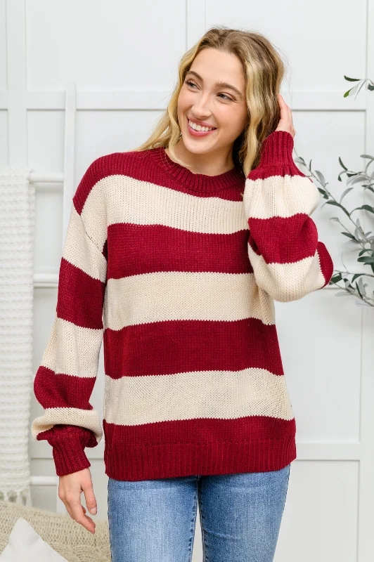 A Days Work Striped Knit Sweater In Burgundy Hooded Caped Shawl Collar