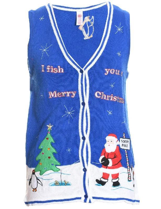 Santa Claus Design Blue Knit Christmas Sweater Vest - S Real Fur Shearling Chenille
