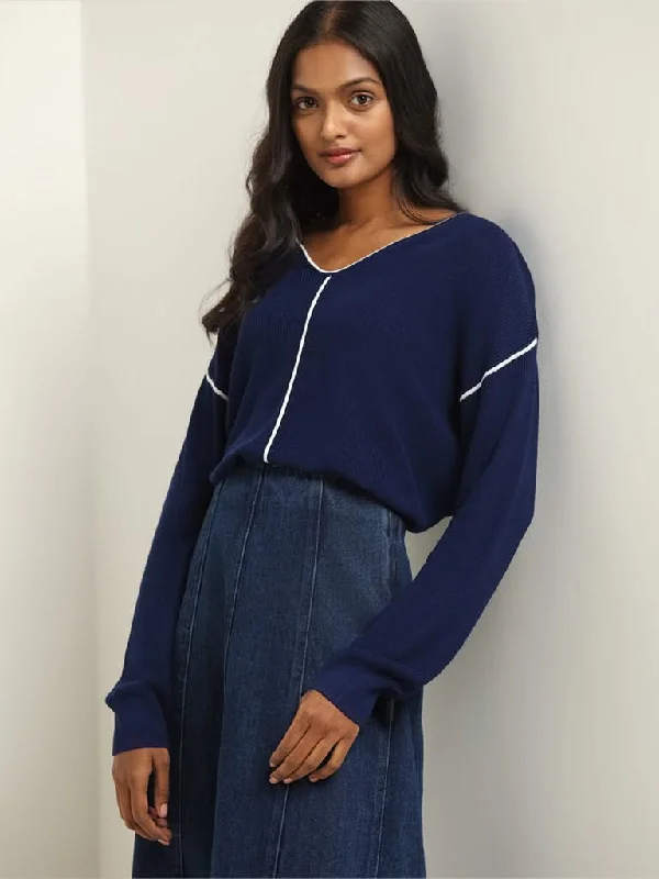 LOV Navy Striped Sweater Open Front Closed Front Wrap Front