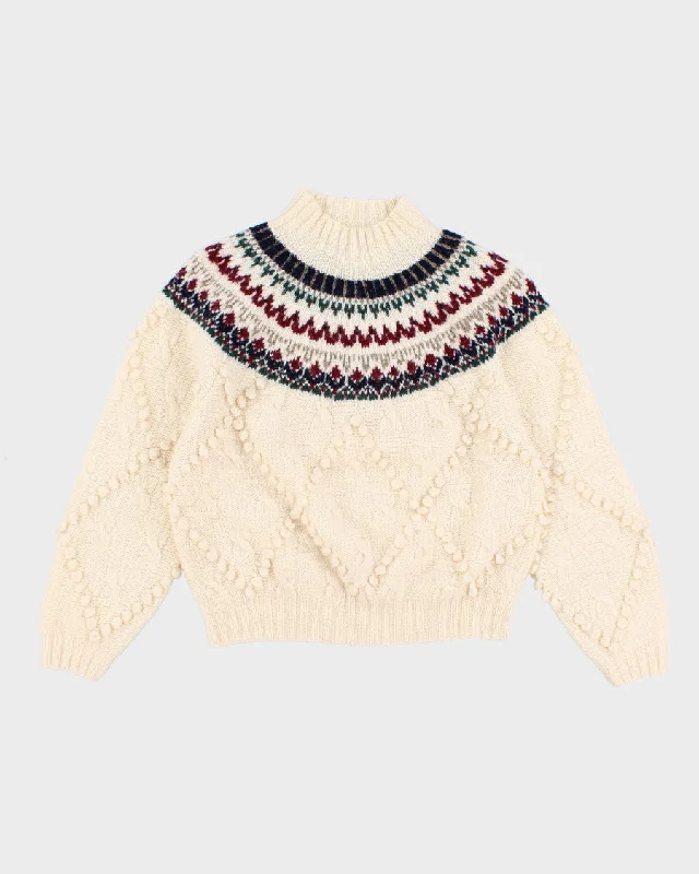 Women's Vintage Cream Fair Isle Knit Sweater - M Cashmere Blend Cotton Blend Poly Blend Women's Vintage Cream Fair Isle Knit Sweater - M Cashmere Blend Cotton Blend Poly Blend