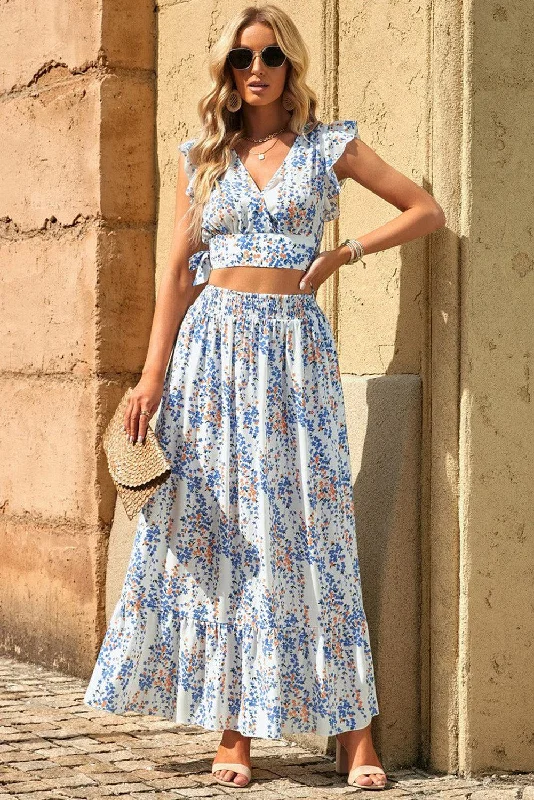 Printed Tie Back Cropped Top and Maxi Skirt Set maxi skirt elegant