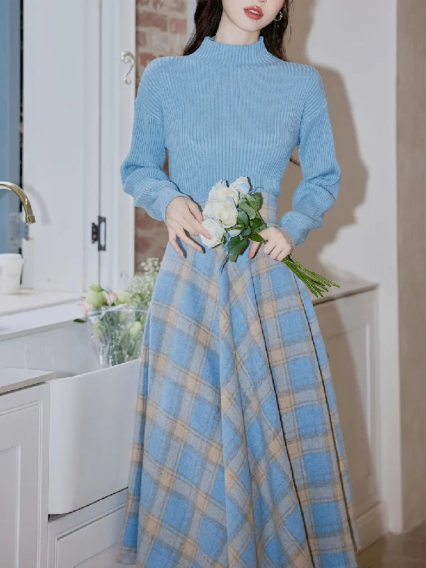 2PS Blue Sweater And Plaid Swing Skirt 1950S Vintage Audrey Hepburn's Style Outfits leather skirt durable 2PS Blue Sweater And Plaid Swing Skirt 1950S Vintage Audrey Hepburn's Style Outfits leather skirt durable