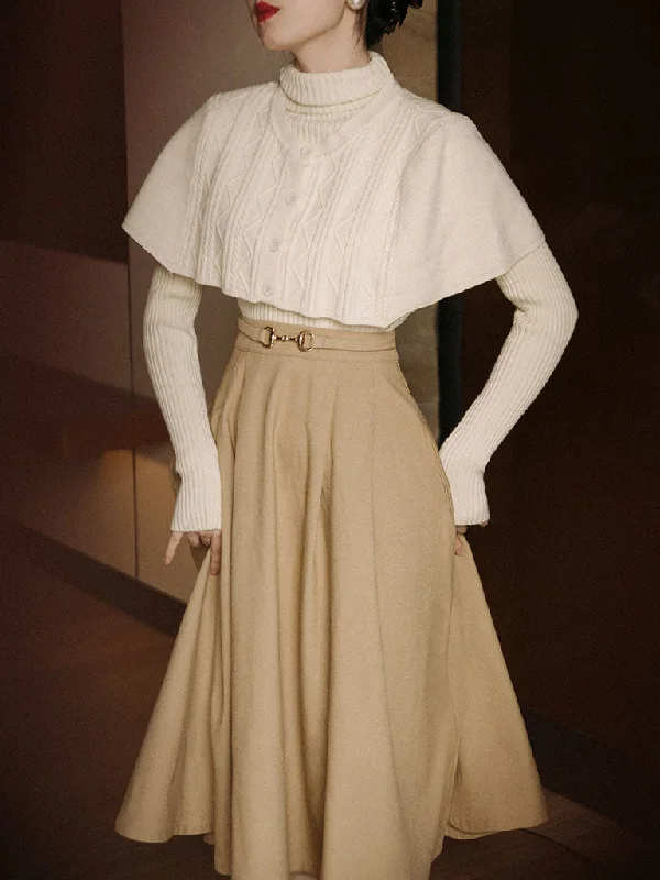 3PS White Knitted Sweater And Cape With Brown Swing Skirt Set high waist skirt