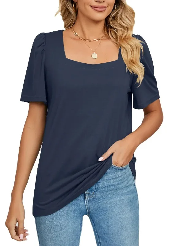 Women Short Sleeve Solid Square Neck T Shirt Tee