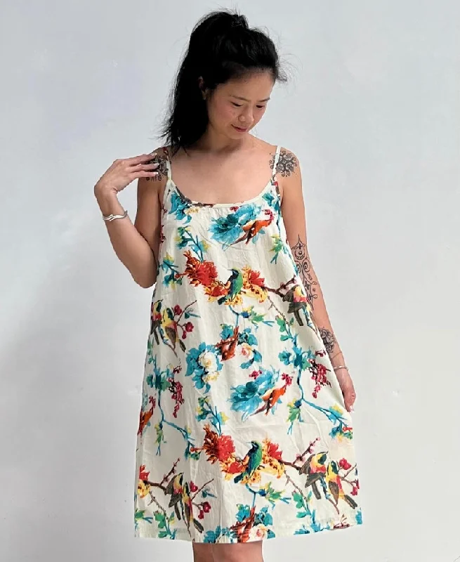 Botanical Birds White Slip Dress