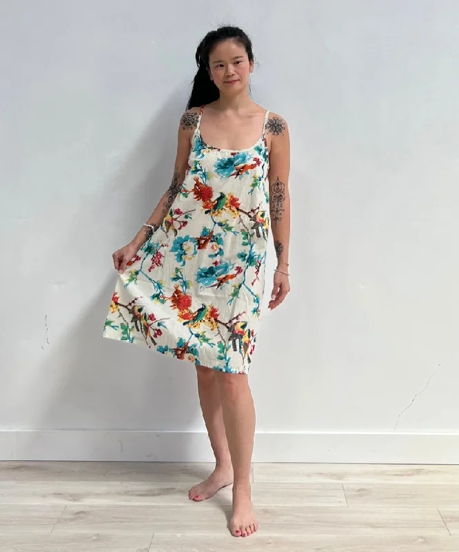 Botanical Birds White Slip Dress