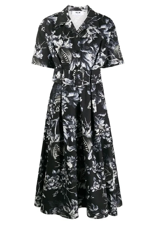 MSGM Belted Floral Print Dress - Black/ White