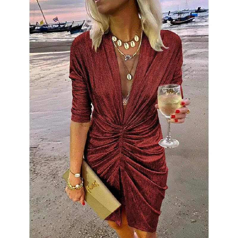 New Sexy V-Neck Pleated Long Sleeve Dress Casual Loose Party Bright Dress