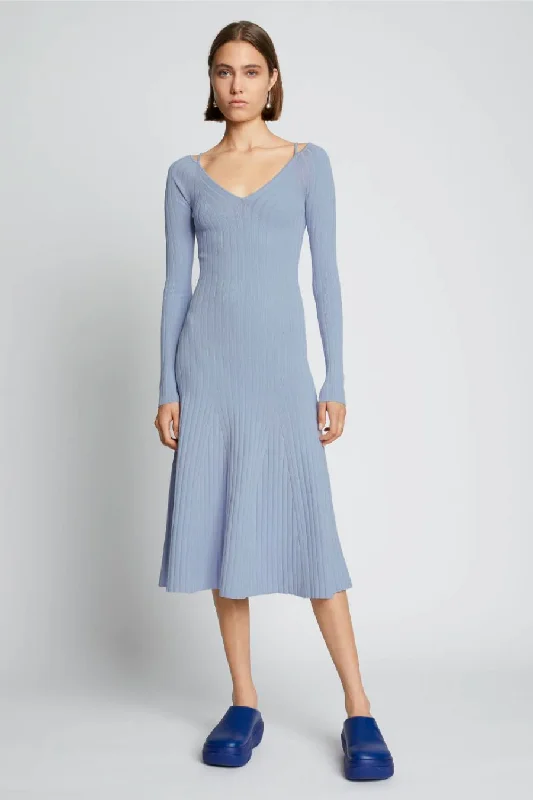 Proenza Schouler White Label Lightweight Rib Knit V-Neck Dress - Stone Blue