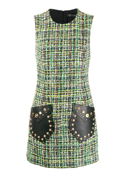 Versace Studded Leather Tweed Dress - Green