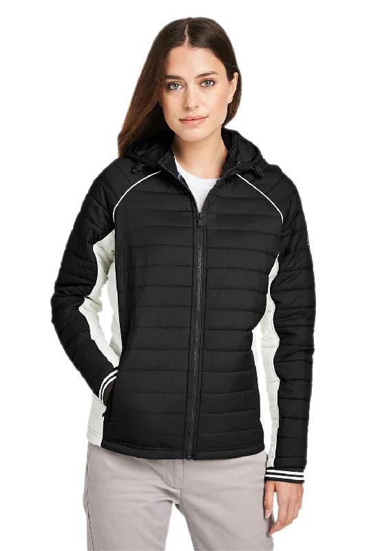 Nautica Womens Nautical Mile Wind & Water Resistant Packable Full Zip Hooded Puffer Jacket - Black/Antique White