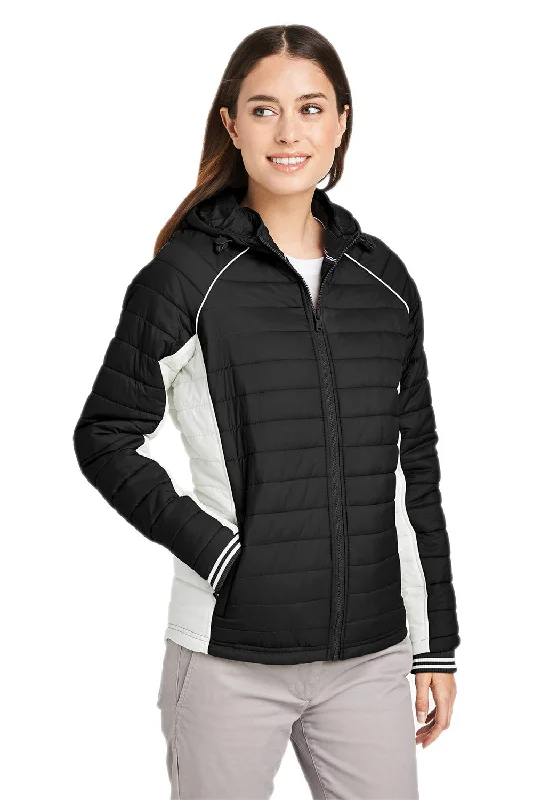 Nautica Womens Nautical Mile Wind & Water Resistant Packable Full Zip Hooded Puffer Jacket - Black/Antique White