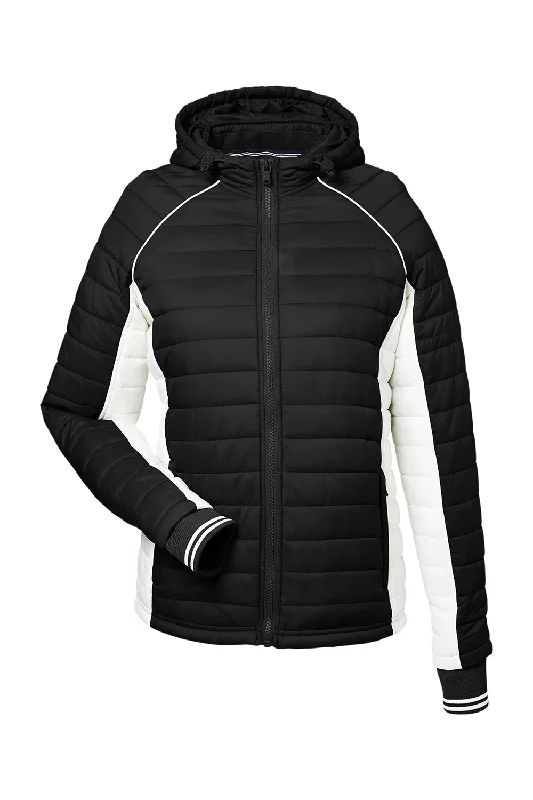 Nautica Womens Nautical Mile Wind & Water Resistant Packable Full Zip Hooded Puffer Jacket - Black/Antique White