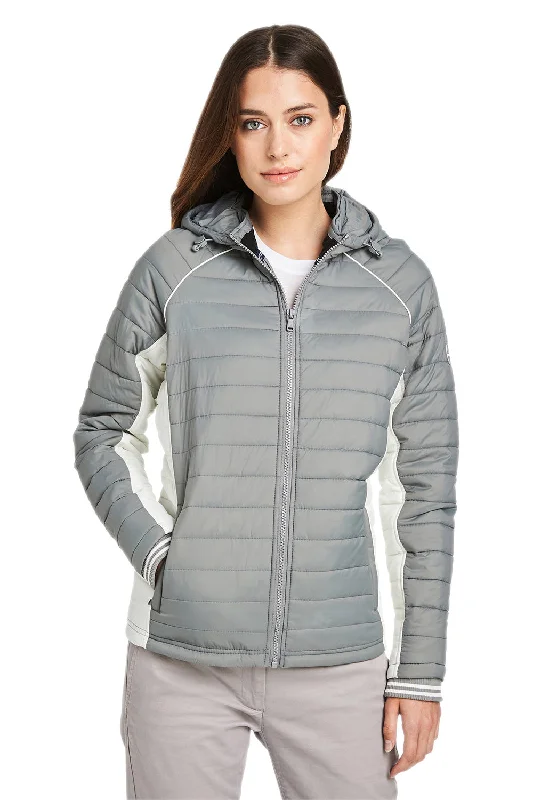 Nautica Womens Nautical Mile Wind & Water Resistant Packable Full Zip Hooded Puffer Jacket - Graphite Grey/Antique White