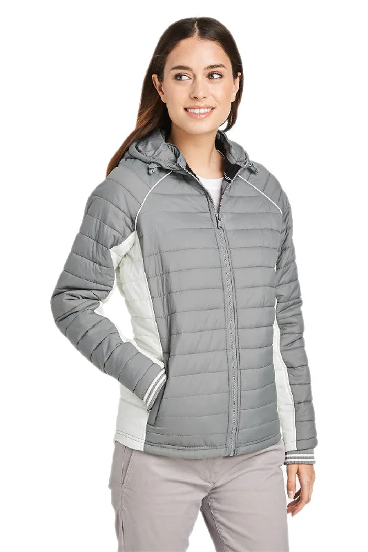 Nautica Womens Nautical Mile Wind & Water Resistant Packable Full Zip Hooded Puffer Jacket - Graphite Grey/Antique White