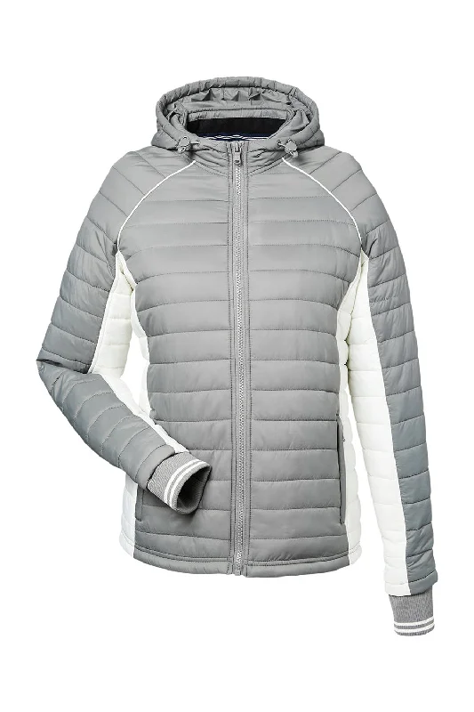 Nautica Womens Nautical Mile Wind & Water Resistant Packable Full Zip Hooded Puffer Jacket - Graphite Grey/Antique White