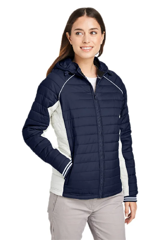 Nautica Womens Nautical Mile Wind & Water Resistant Packable Full Zip Hooded Puffer Jacket - Night Navy Blue/Antique White