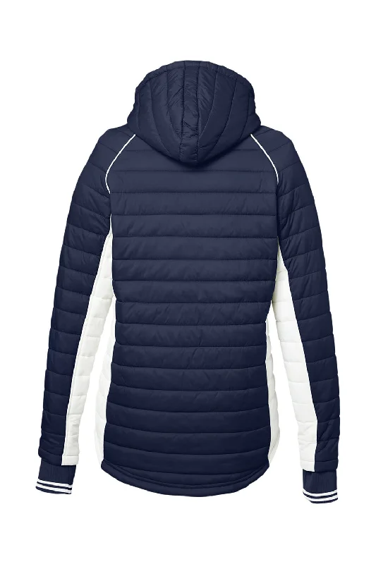 Nautica Womens Nautical Mile Wind & Water Resistant Packable Full Zip Hooded Puffer Jacket - Night Navy Blue/Antique White