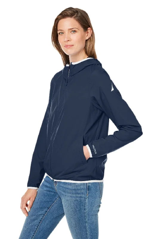 Nautica Womens Stillwater Water Resistant Full Zip Hooded Windbreaker Jacket - Navy Blue