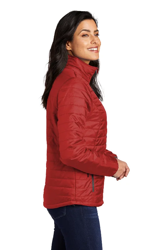 Port Authority Womens Water Resistant Packable Puffy Full Zip Jacket - Fire Red/Graphite Grey