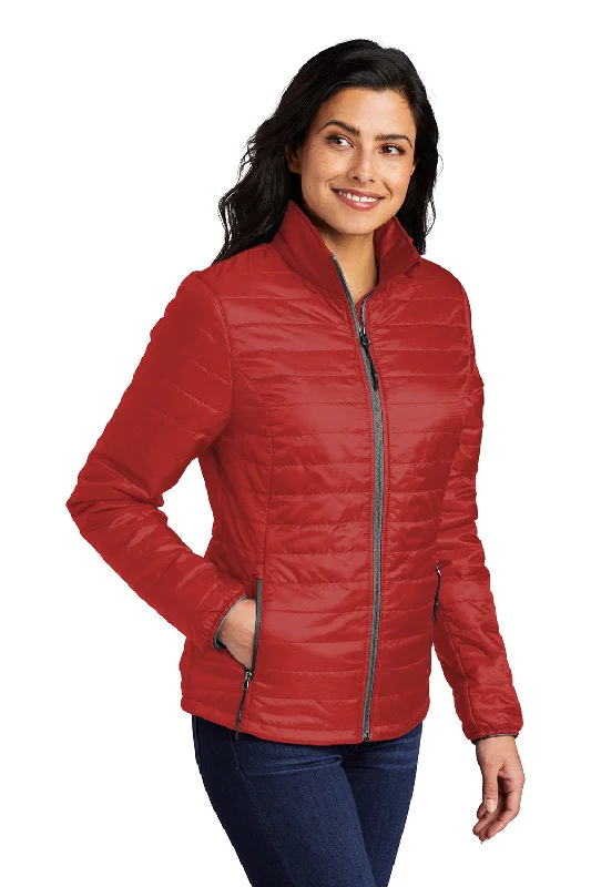 Port Authority Womens Water Resistant Packable Puffy Full Zip Jacket - Fire Red/Graphite Grey