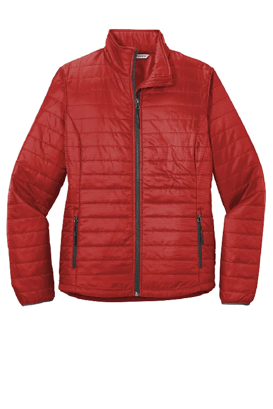 Port Authority Womens Water Resistant Packable Puffy Full Zip Jacket - Fire Red/Graphite Grey