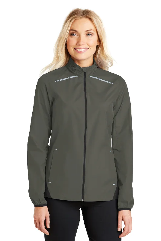 Port Authority Womens Zephyr Reflective Hit Wind & Water Resistant Full Zip Jacket - Steel Grey/Deep Black - Closeout