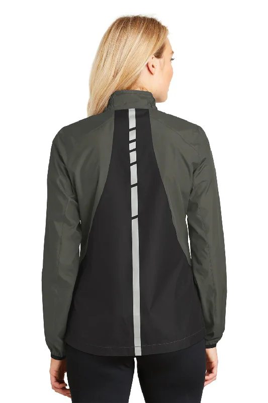 Port Authority Womens Zephyr Reflective Hit Wind & Water Resistant Full Zip Jacket - Steel Grey/Deep Black - Closeout