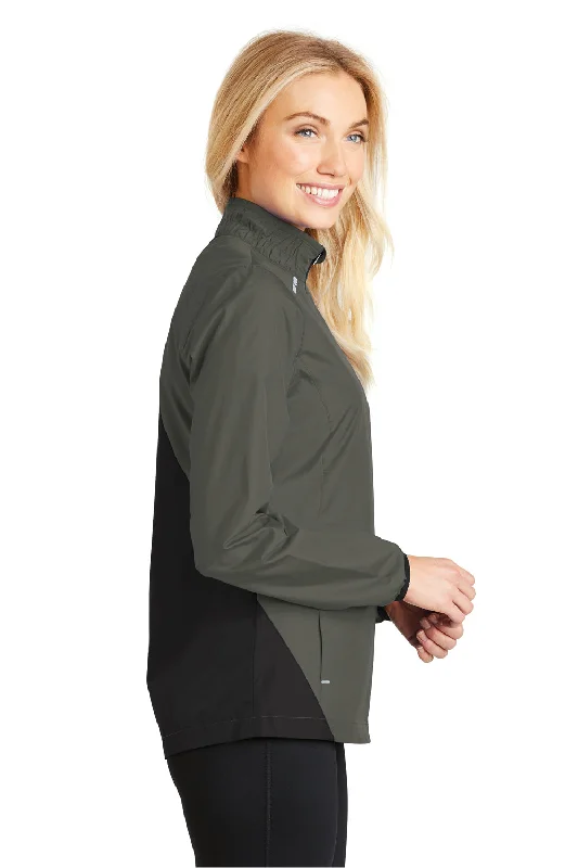 Port Authority Womens Zephyr Reflective Hit Wind & Water Resistant Full Zip Jacket - Steel Grey/Deep Black - Closeout