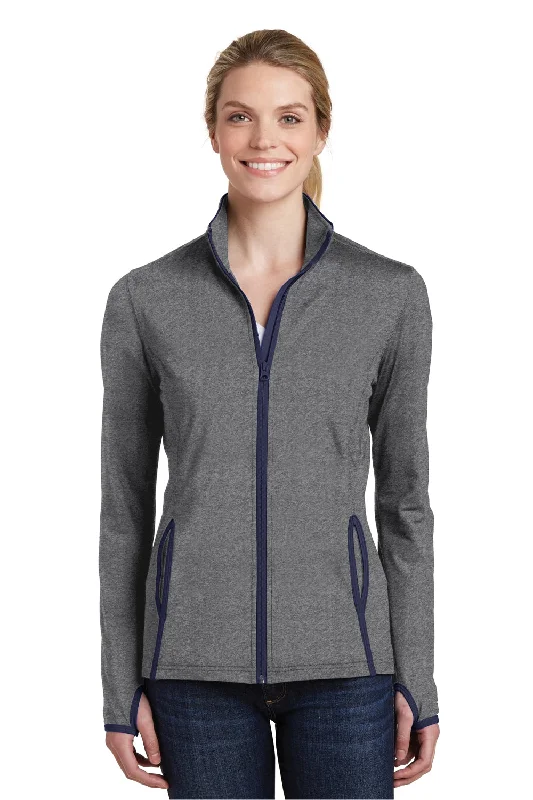 Sport-Tek Womens Sport-Wick Moisture Wicking Full Zip Jacket - Heather Charcoal Grey/True Navy Blue