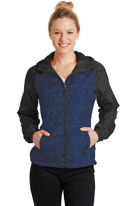 Sport-Tek Womens Wind & Water Resistant Full Zip Hooded Jacket - Heather True Royal Blue/Black - Closeout