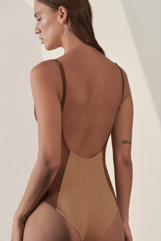 Contoured Bodysuit Organic Cotton Rib / Camel & Brown