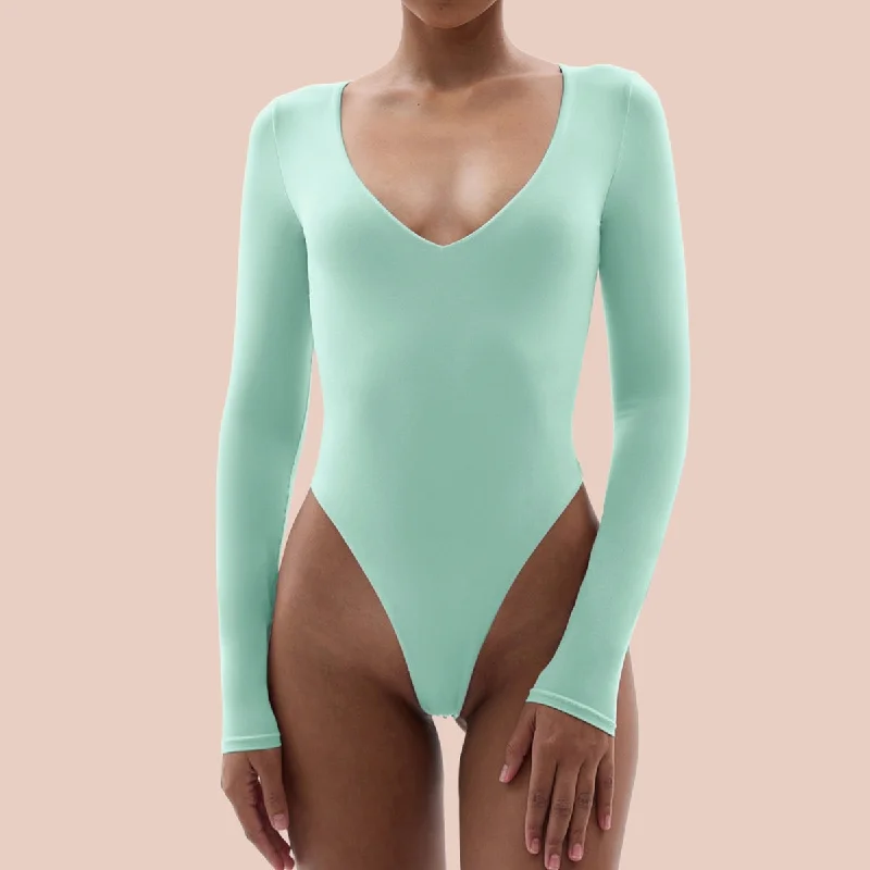 SHAPERX Bodysuit for Women V Neck Long Sleeve Body Suit