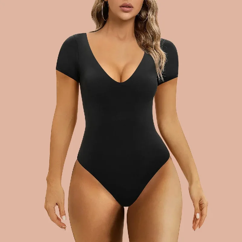 SHAPERX T-shirt Body Suits for Womens Short Sleeve V Neck Thong Bodysuit