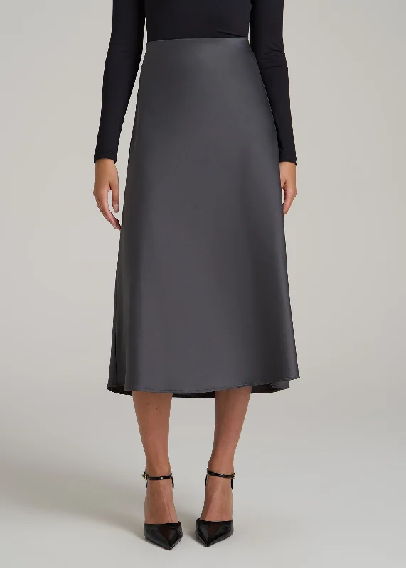 Pull-On Satin Midi Skirt for Tall Women in Charcoal