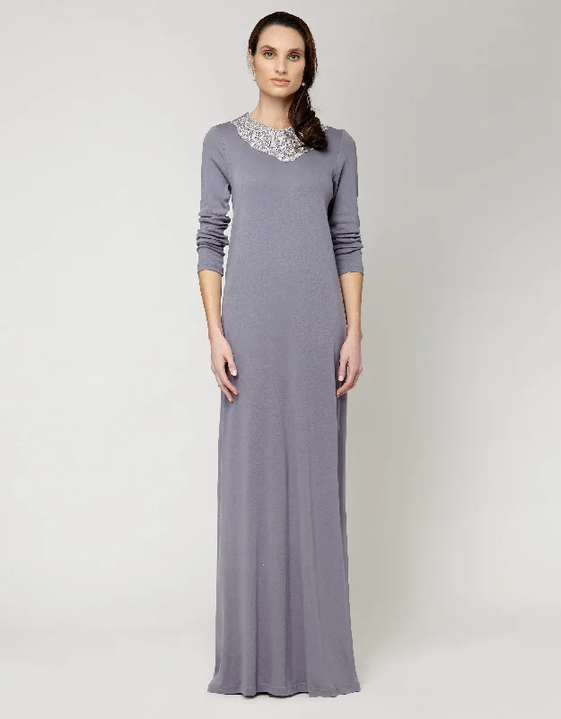 Back Button Nightgown with Tonal Lace Panel Gray