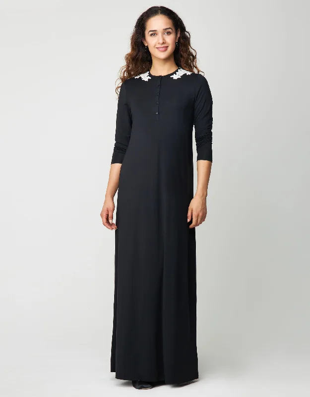 Button Front Nightgown with Lace Shoulder Appliqué Black