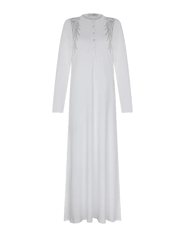 Button Front Nightgown with Shoulder Trim White