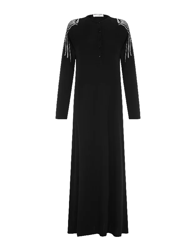 Button Front Nightgown with Sleeve Trim Black