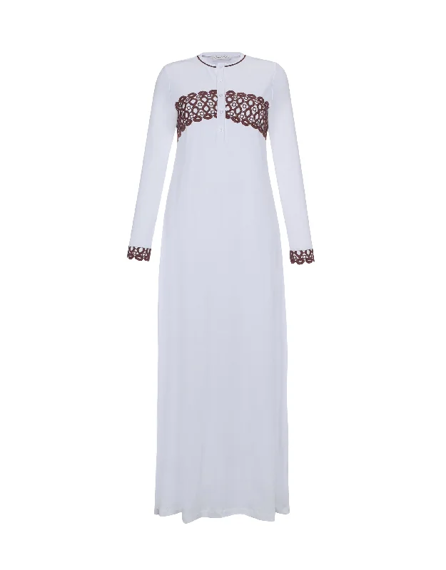 Button Nightgown with Contrast Lace White Mocha