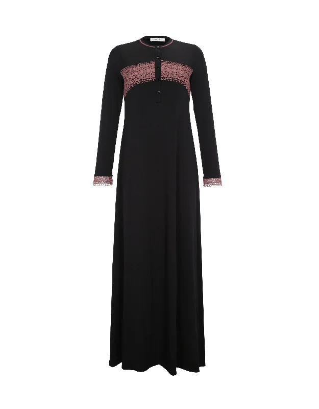 Button Nightgown with Contrast Scallop Lace Black Mocha