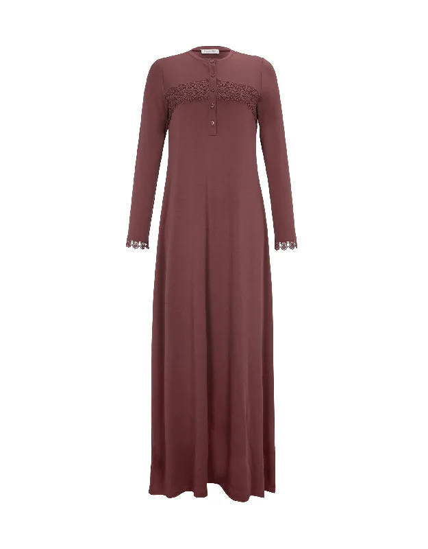 Button Nightgown with Tonal Lace Mocha