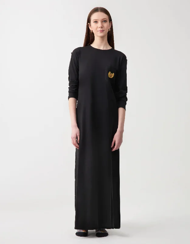 Exposed Seam Nightgown with Gold Crest Appliqué Black