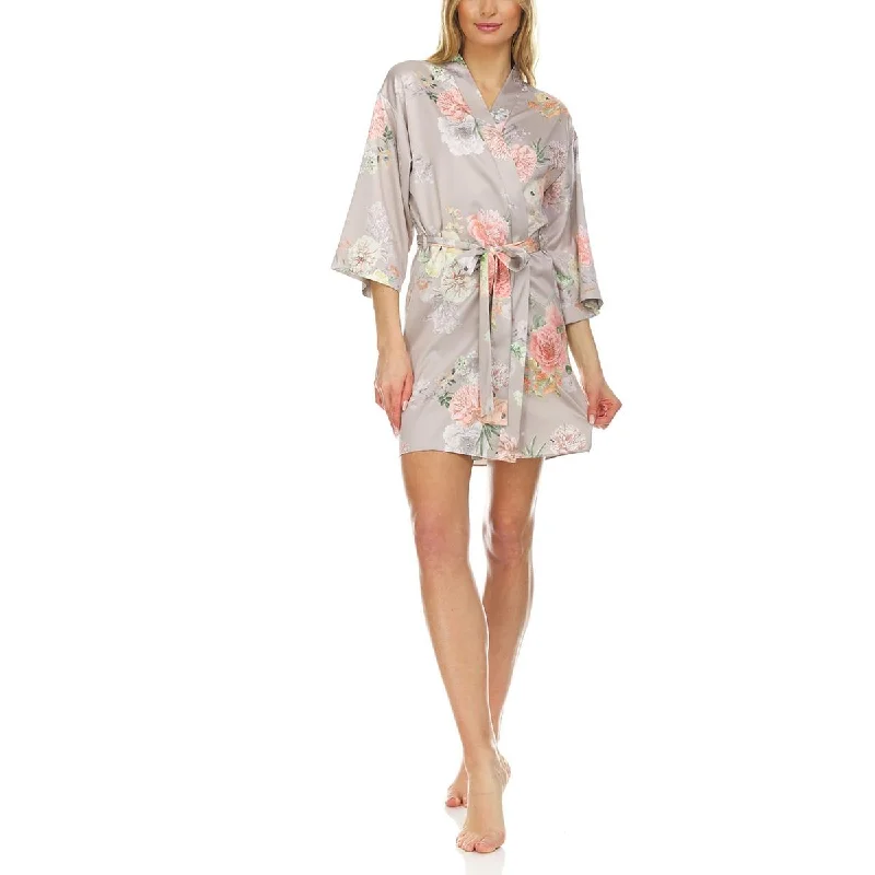 Flora Nikrooz Womens Arisa Charmeuse Floral Print Long Robe