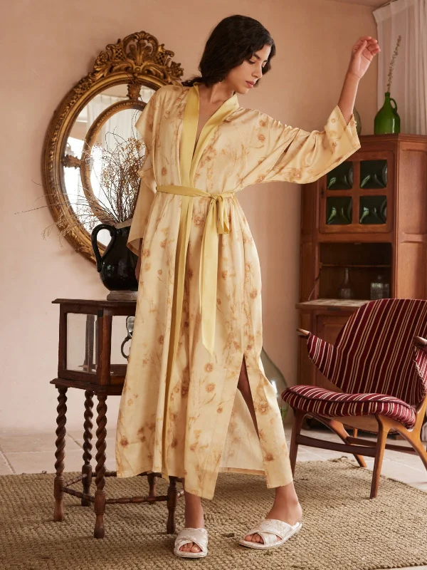 Floral Yellow Kimono Robe with Asian Opening Sleeve  and Pockets