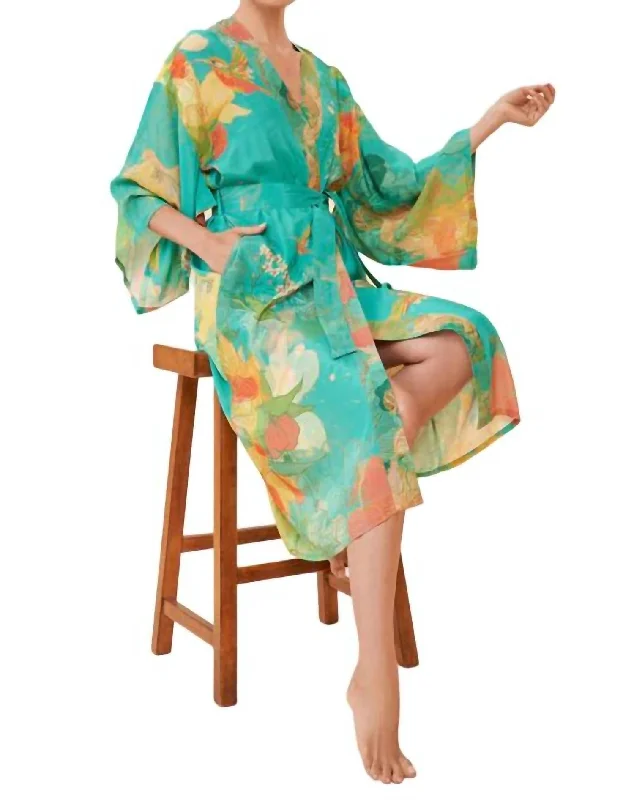 Hummingbird Kimono Gown In Aqua