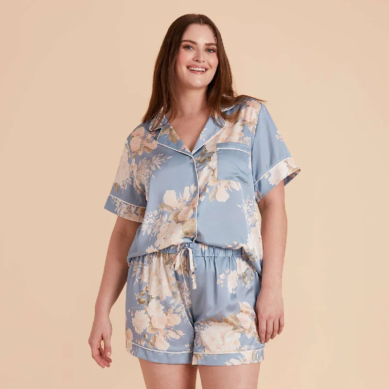 Jonny Satin Floral Pajama Set - Dusty Blue Romantic Bouquet