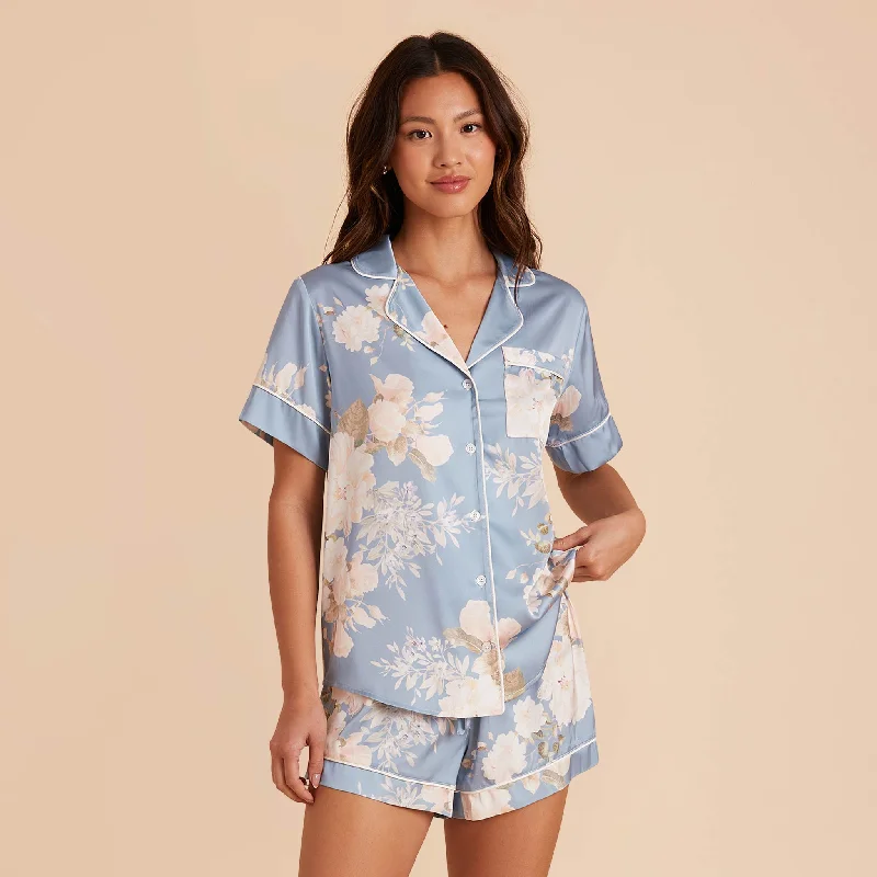 Jonny Satin Floral Pajama Set - Dusty Blue Romantic Bouquet