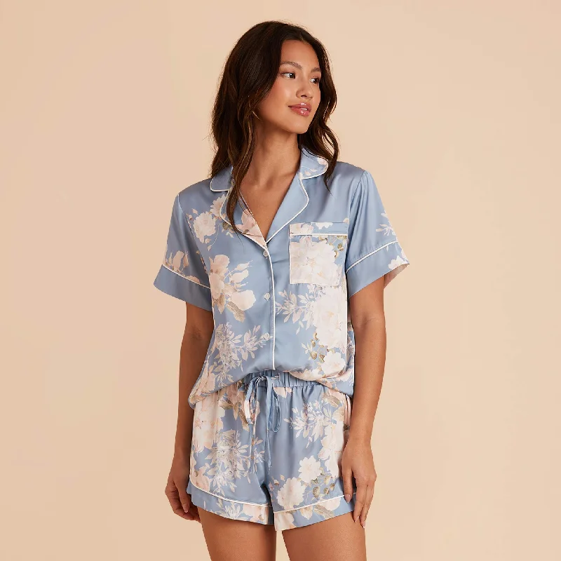 Jonny Satin Floral Pajama Set - Dusty Blue Romantic Bouquet