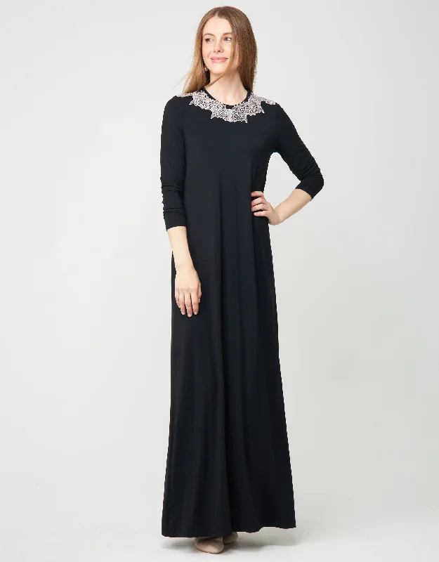 Lace Trimmed Pull On Nightgown Black Gray Lace